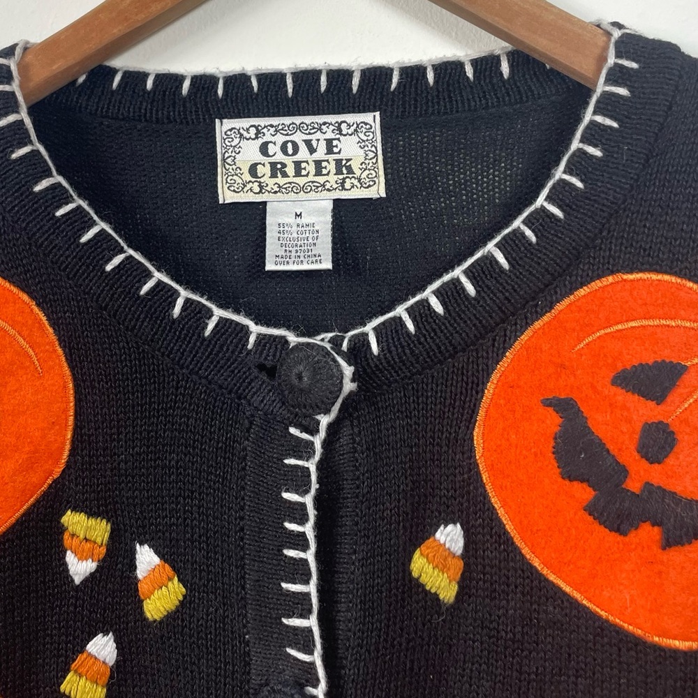 VTG Halloween Cardigan Pumpkin 90s Granny Embroidery Black Med Teacher Sweater - Picture 11 of 16